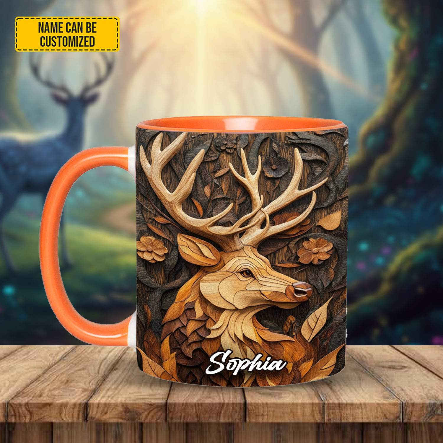 Personalized Deer Wooden Carving Mug Animal Design Morning Deer Coffee Mug Gifts