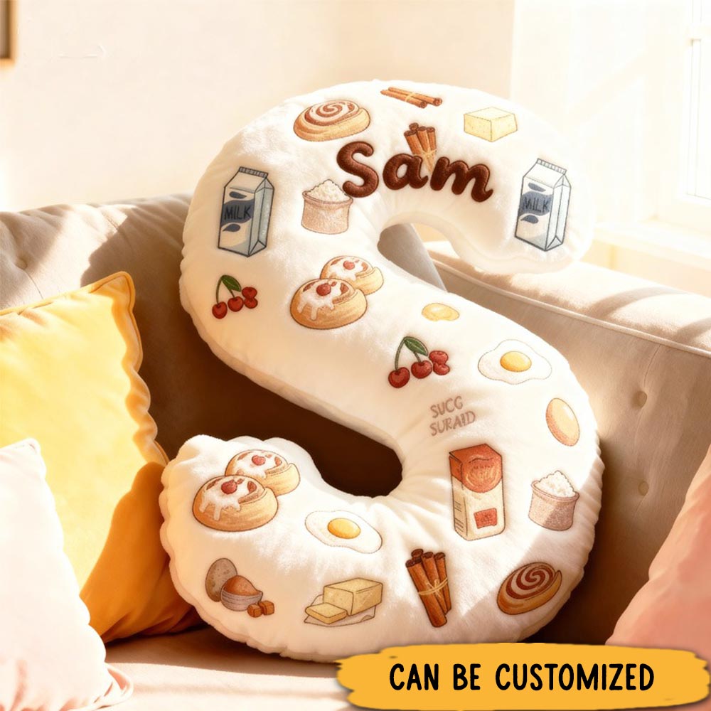 Personalized Dessert Alphabet Throw Pillow Graphic 3D Print Baking Milk Bread Letter Pillow with Name for Kids Christmas Baker Birthday Gift