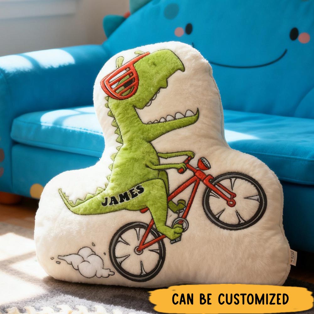 Personalized Dino Rider Bike Pillow Cozy Graphic 3D Print Cool Biker Dino Pillow Name Pillow Comfortable Travel Cushion for Kids Boys Riding Lovers