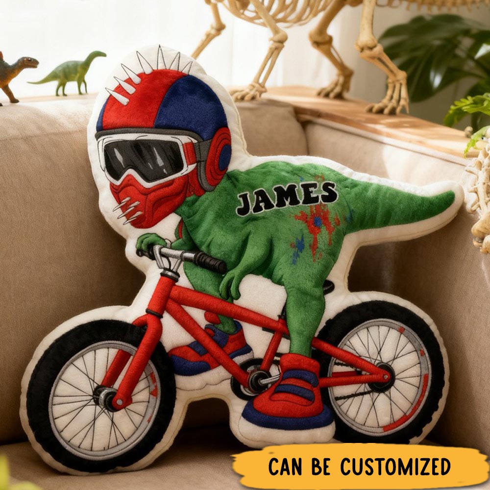 Personalized Dino Rider Bike Pillow Cozy Graphic 3D Print Cool Biker Dino Racing Pillow Name Pillow Comfortable Travel Cushion for Kids Boys Riding Lovers
