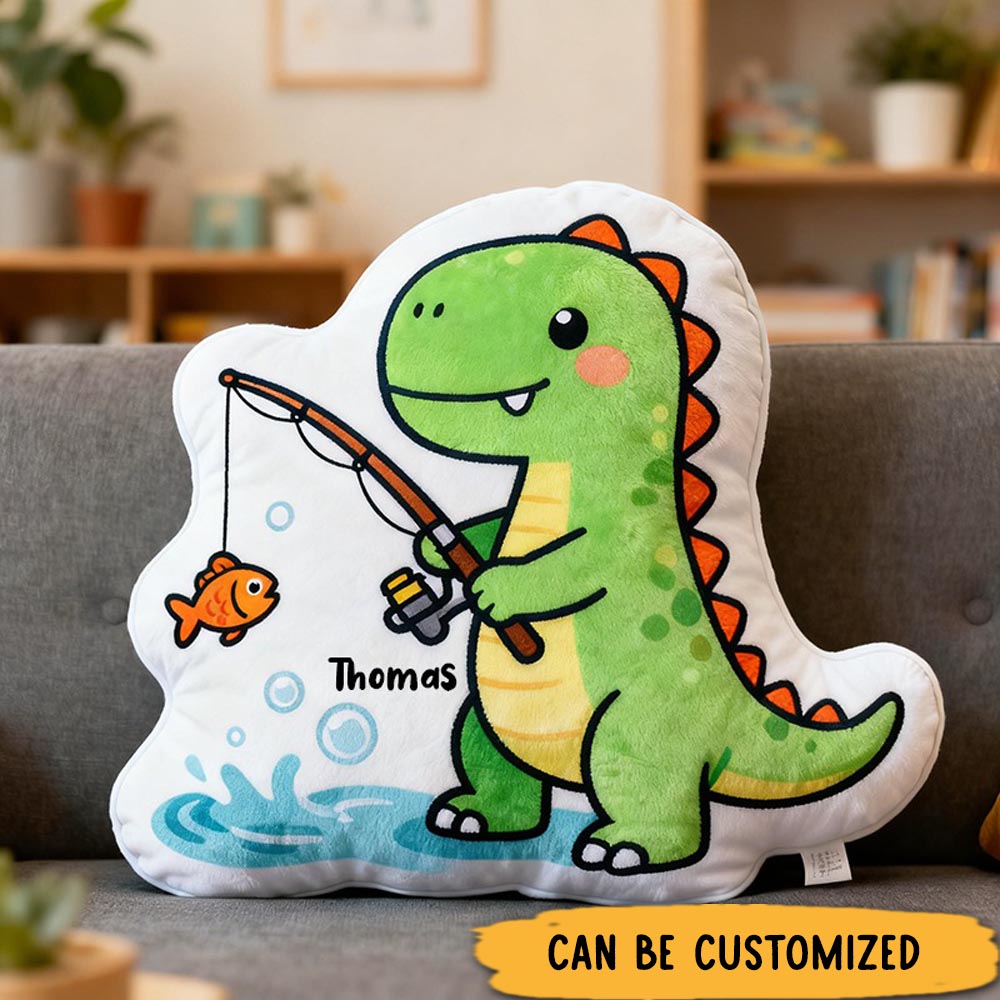 Personalized Dinosaur Fishing Pillow Funny Fishing Pillow Custom Name Graphic 3D Print Cute and Soft Gift for Kids Perfect for Fishing Lovers and Room Decor