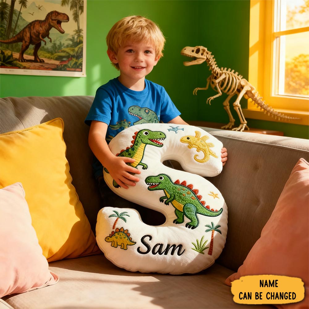 Personalized Dinosaur Letter Name Custom Kids Gift Fun Green T Rex Cute Prehistoric Soft Decorative Graphic 3d Print Pillow
