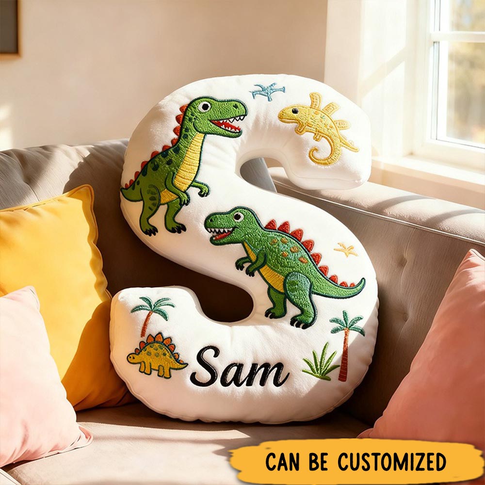 Personalized Dinosaur Letter Name Custom Kids Gift Fun Green T Rex Cute Prehistoric Soft Decorative Graphic 3D Print Pillow