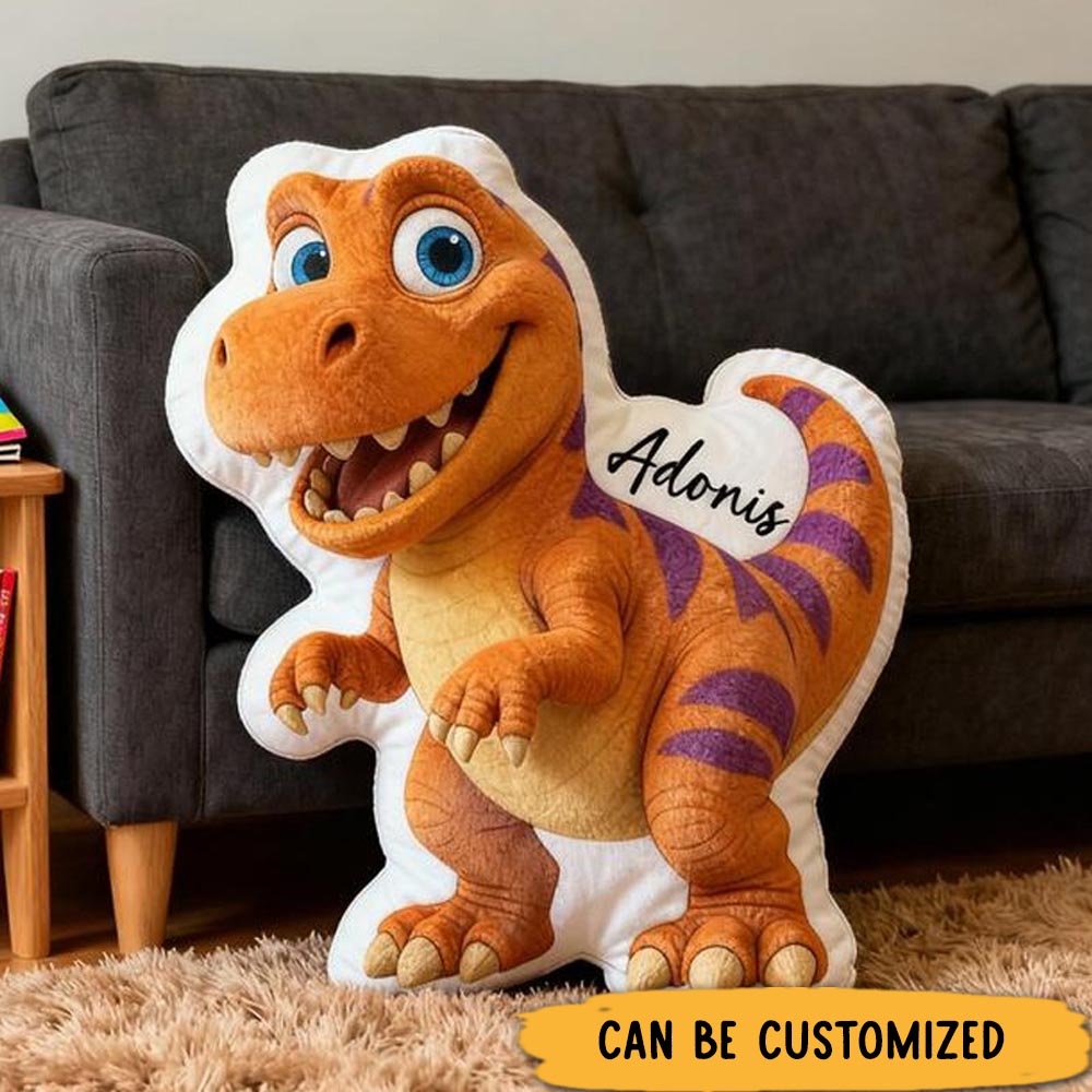 Personalized Dinosaur Name Custom Soft Decorative Gift Orange T Rex Style Fun Adventure Cute Cartoon Animal Playroom Cozy Boy Room Lovely Graphic 3D Print Pillow