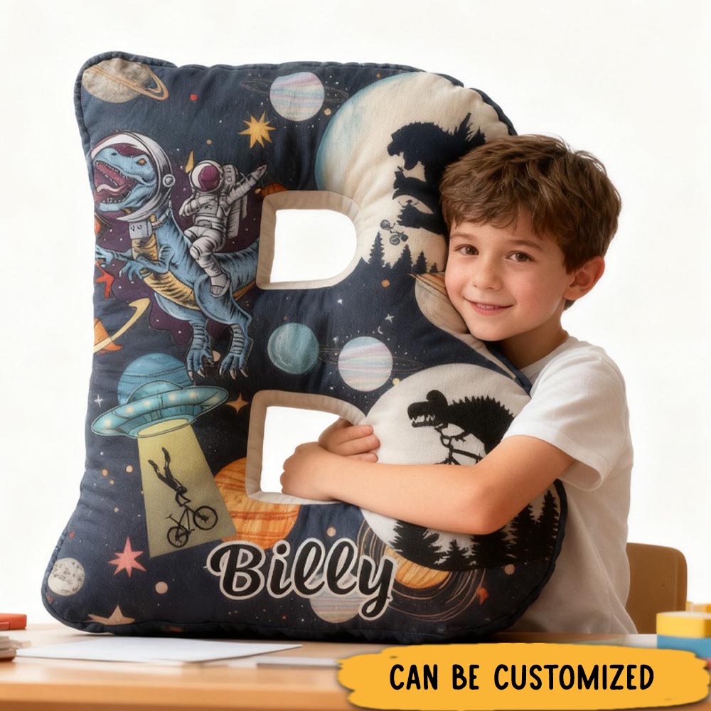 Personalized Dinosaur Space Bike Letter Pillow Graphic 3D Print Dino Galaxy Letter Pillow Name Pillow Comfortable Travel Cushion for Kids Riding Lovers
