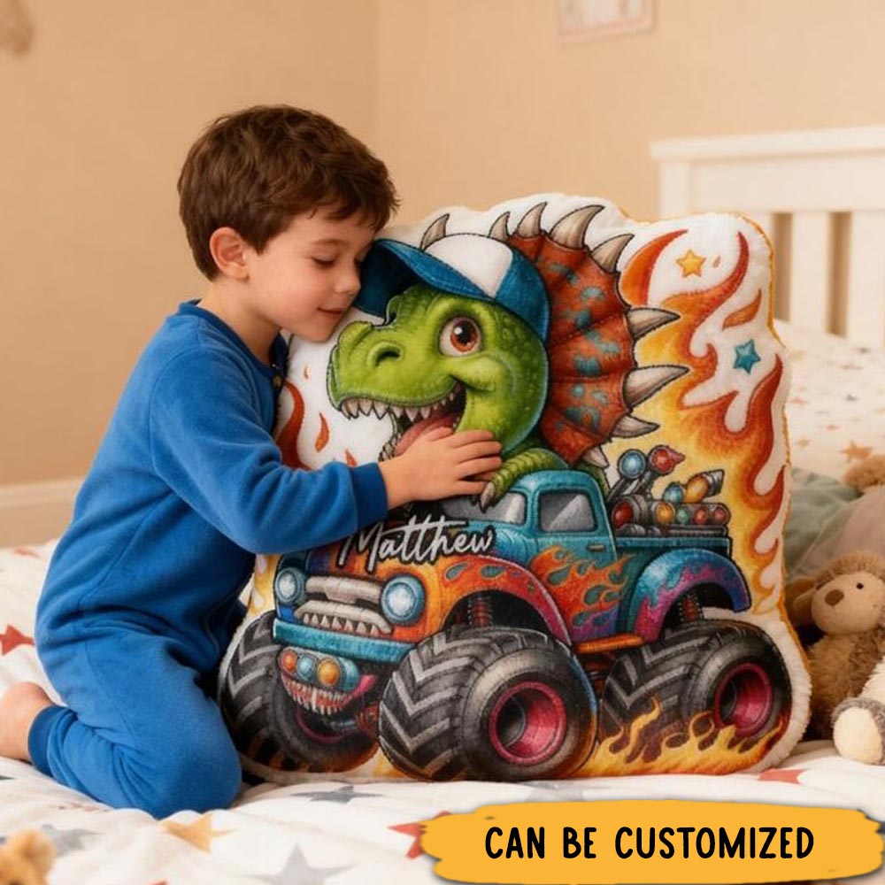 Personalized Dinosaur Truck Name Custom Soft Decorative Gift Green Spinosaurus Style Fun Adventure Monster Car Cool Playroom Cozy Boy Room Exciting Graphic 3D Print Pillow