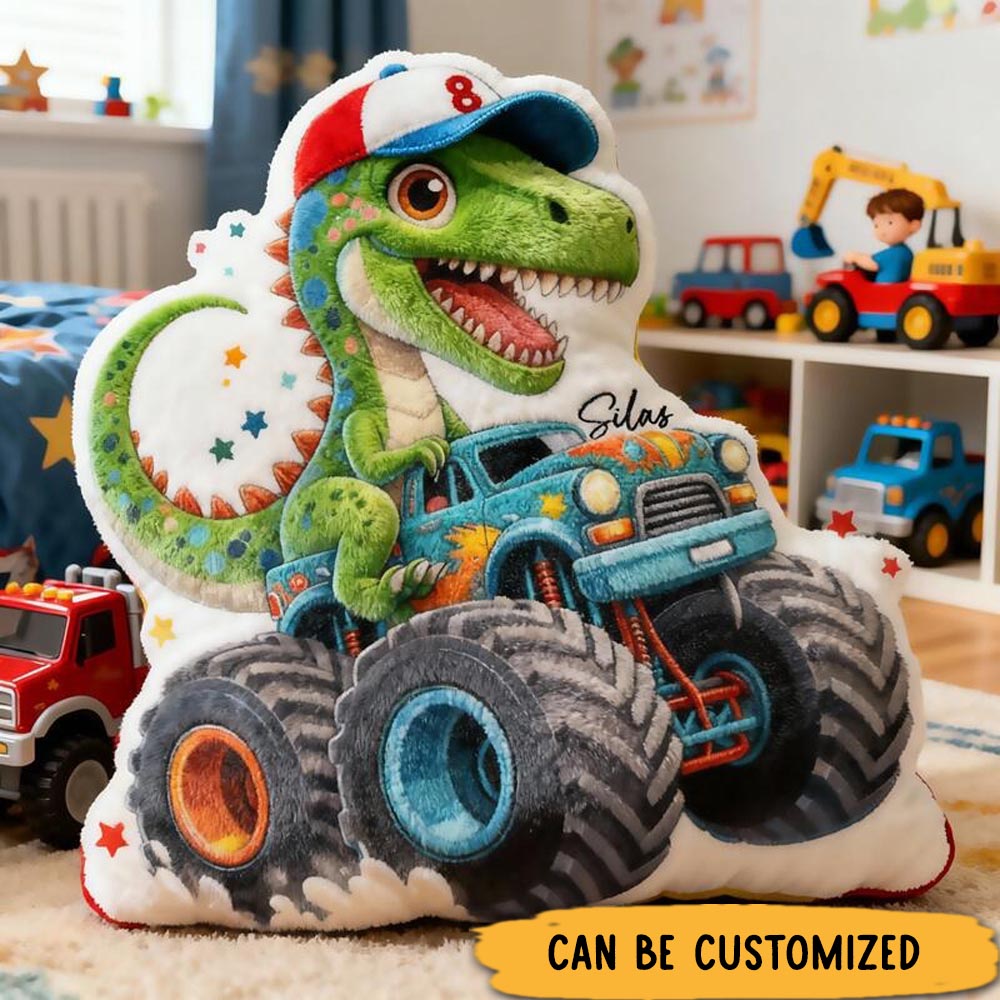 Personalized Dinosaur Truck Name Custom Soft Decorative Gift Green T Rex Style Fun Adventure Monster Car Cool Playroom Cozy Boy Room Exciting Graphic 3D Print Pillow
