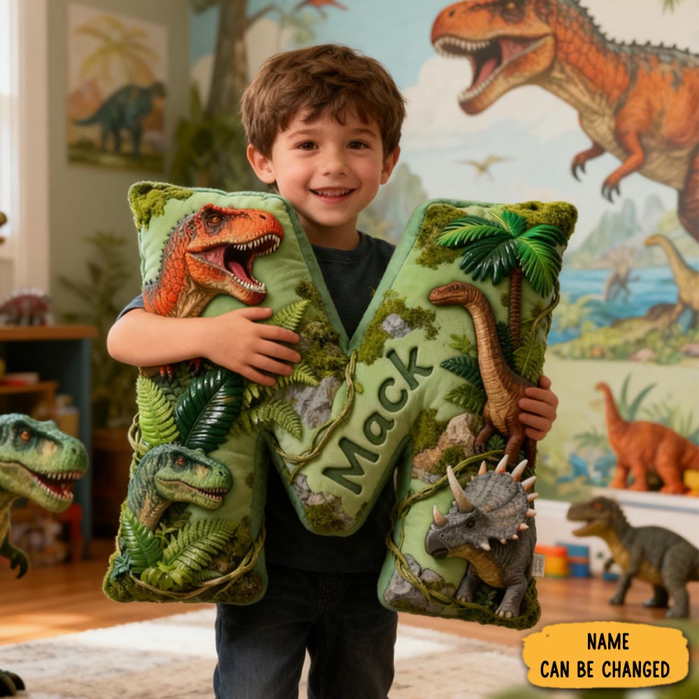 Personalized Dinosaur World Initial Graphic 3d Print Pillow With Name Christmas Gift For Kids