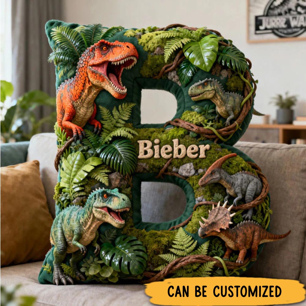 Personalized Dinosaur World Initial Graphic 3D Print Pillow with Name Christmas Gift for Kids