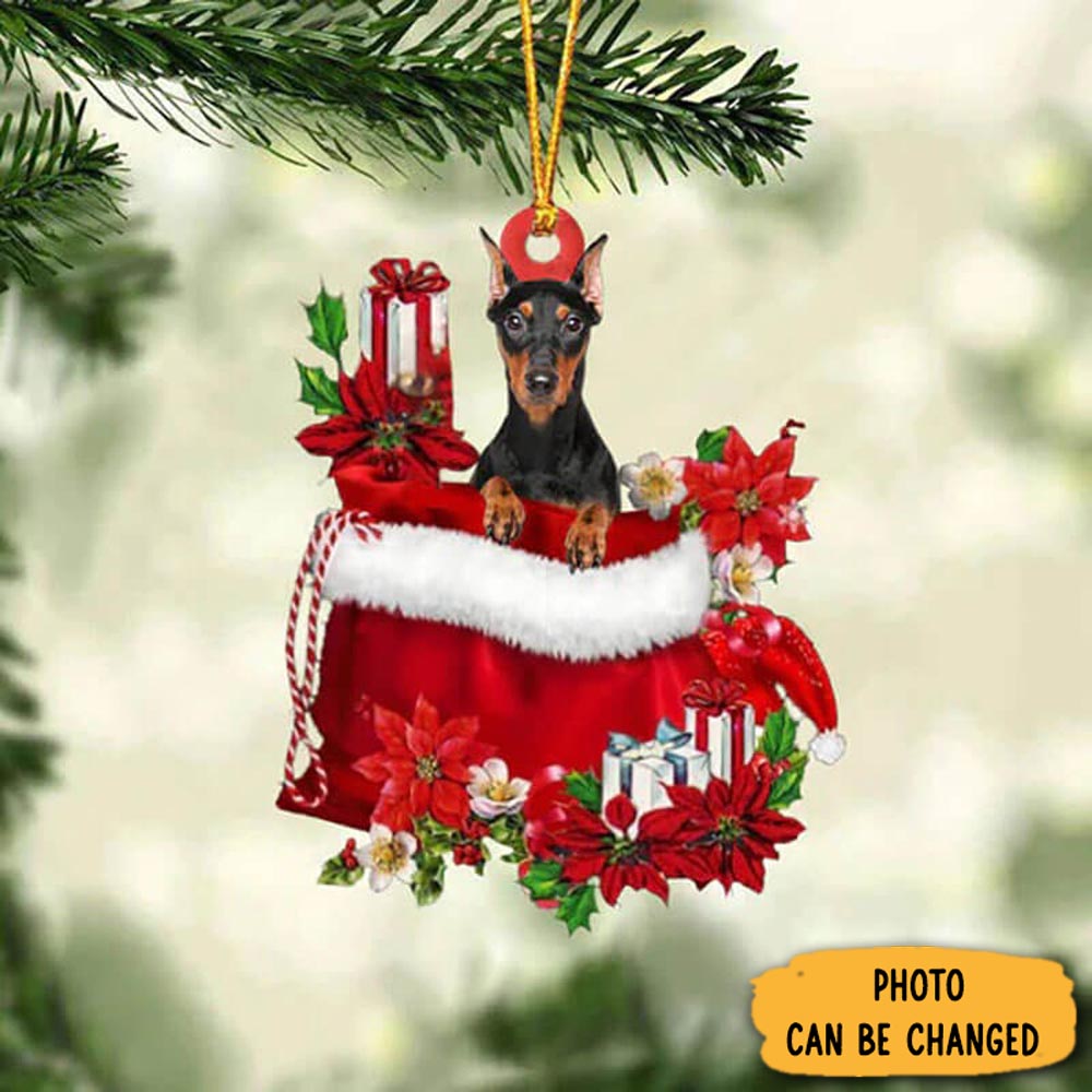 Personalized Doberman In Gift Bag Christmas Ornament Unique Thanksgiving Ornament Idea