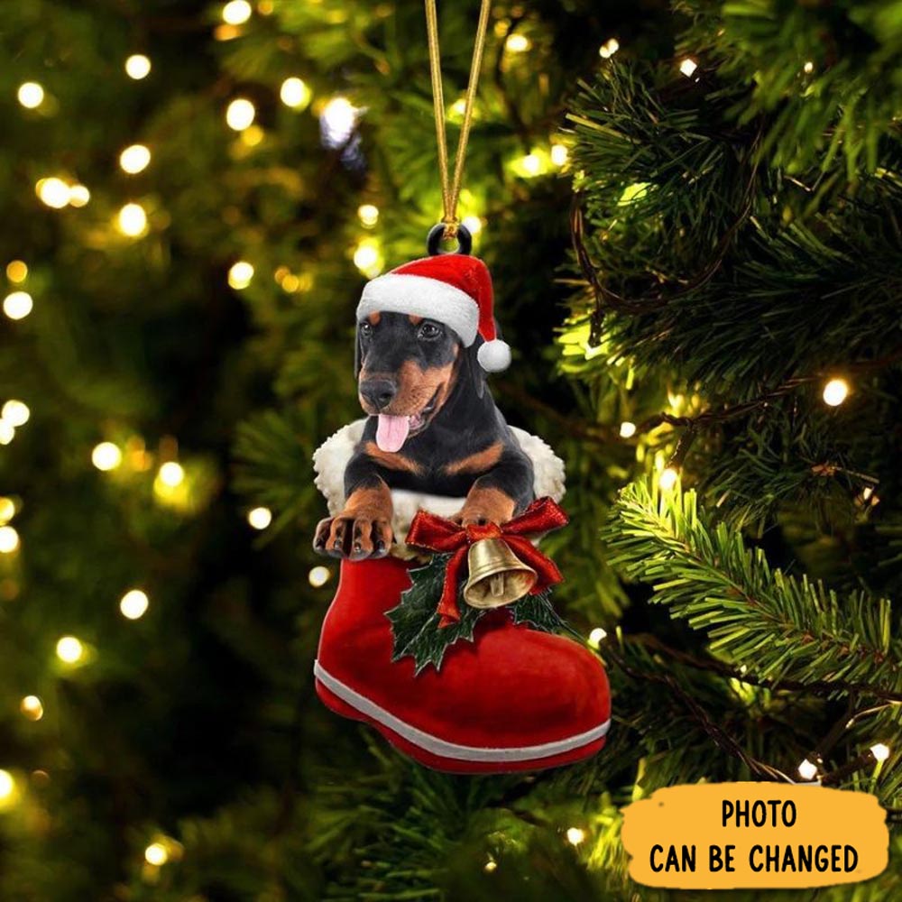 Personalized Doberman Pinscher In Santa Boot Christmas Hanging Ornament Beautiful Graduation Ornament Gift