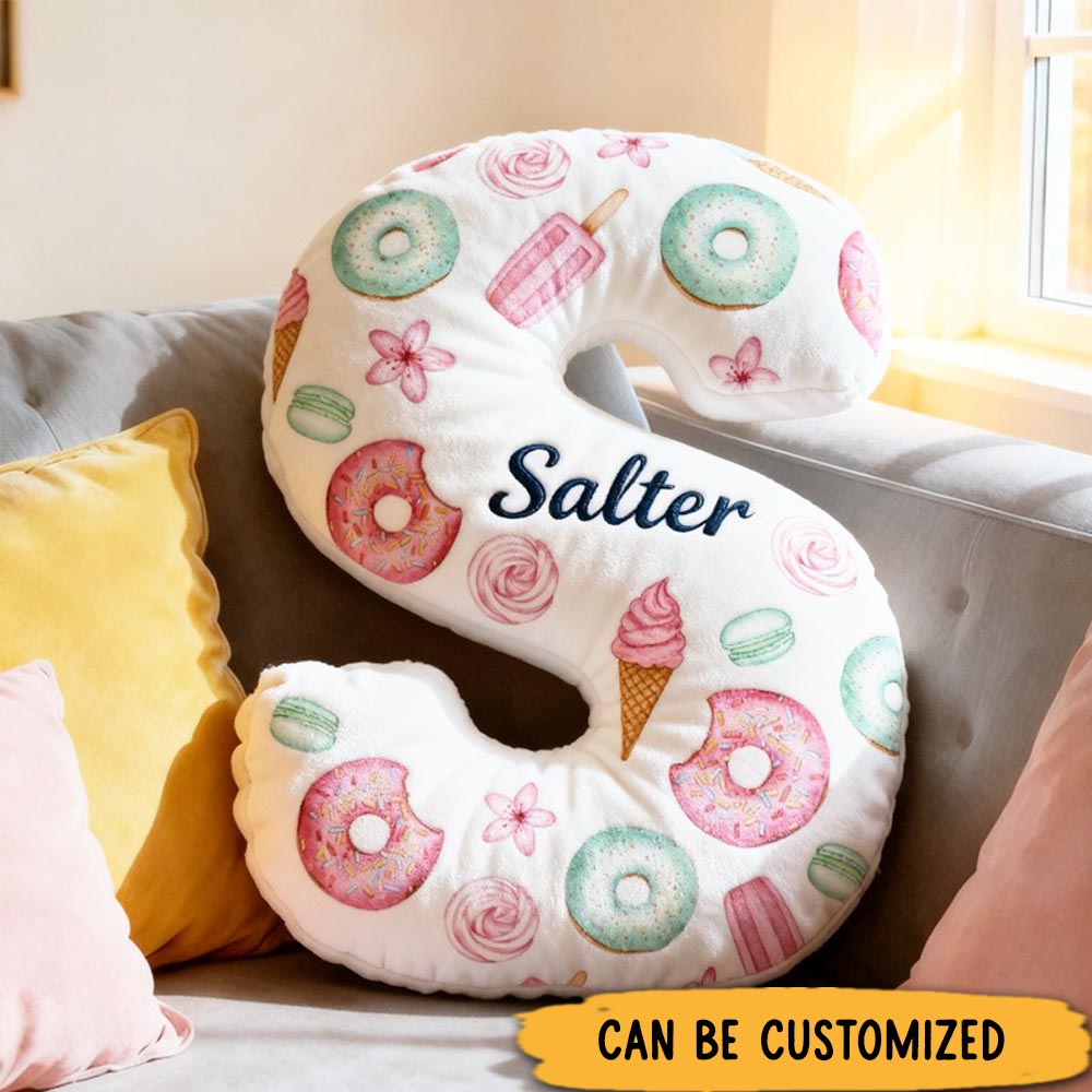 Personalized Donut Alphabet Throw Pillow Graphic 3D Print Christmas Macaron Letter with Name for Baker Festive Decor Gift for Kids Boys Girls Family
