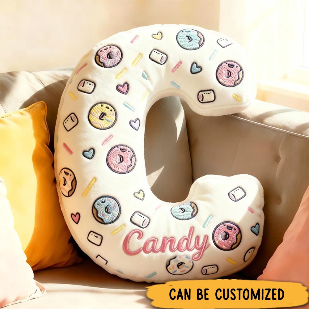 Personalized Donut Alphabet Throw Pillow Graphic 3D Print Marshmallow Letter with Name for Baker Christmas Gift for Kids Boys Girls Family
