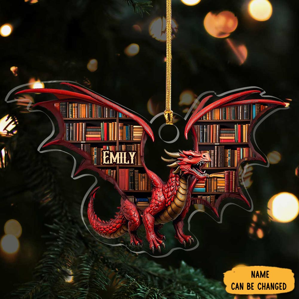 Personalized Dragon Bookshelf Christmas Ornament Fantasy Themed Dragon Lover Xmas Gifts