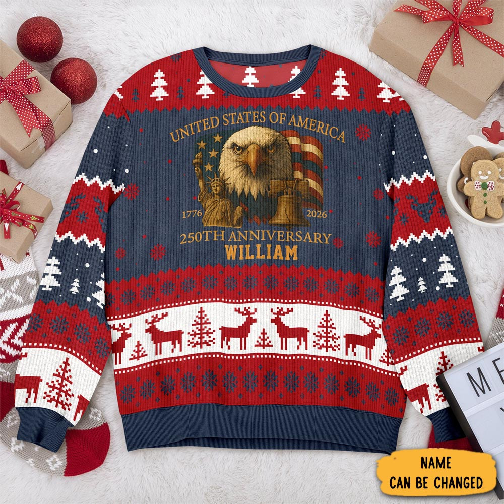 Personalized Eagle USA 250th Anniversary Ugly Christmas Sweater Independence Day Merch