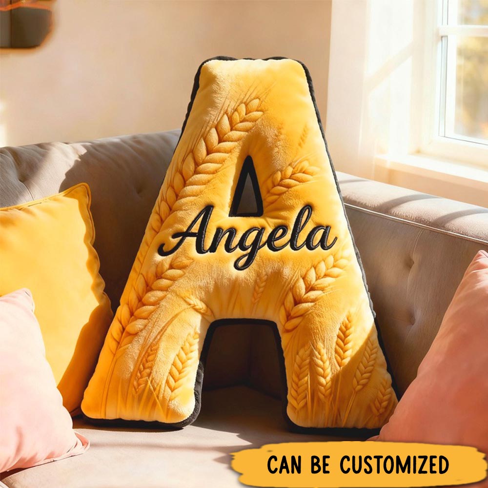 Personalized Ear of Wheat Alphabet Throw Pillow Graphic 3D Print Letter Pillow with Name for Kids Baker Baking Lover Birthday Gift