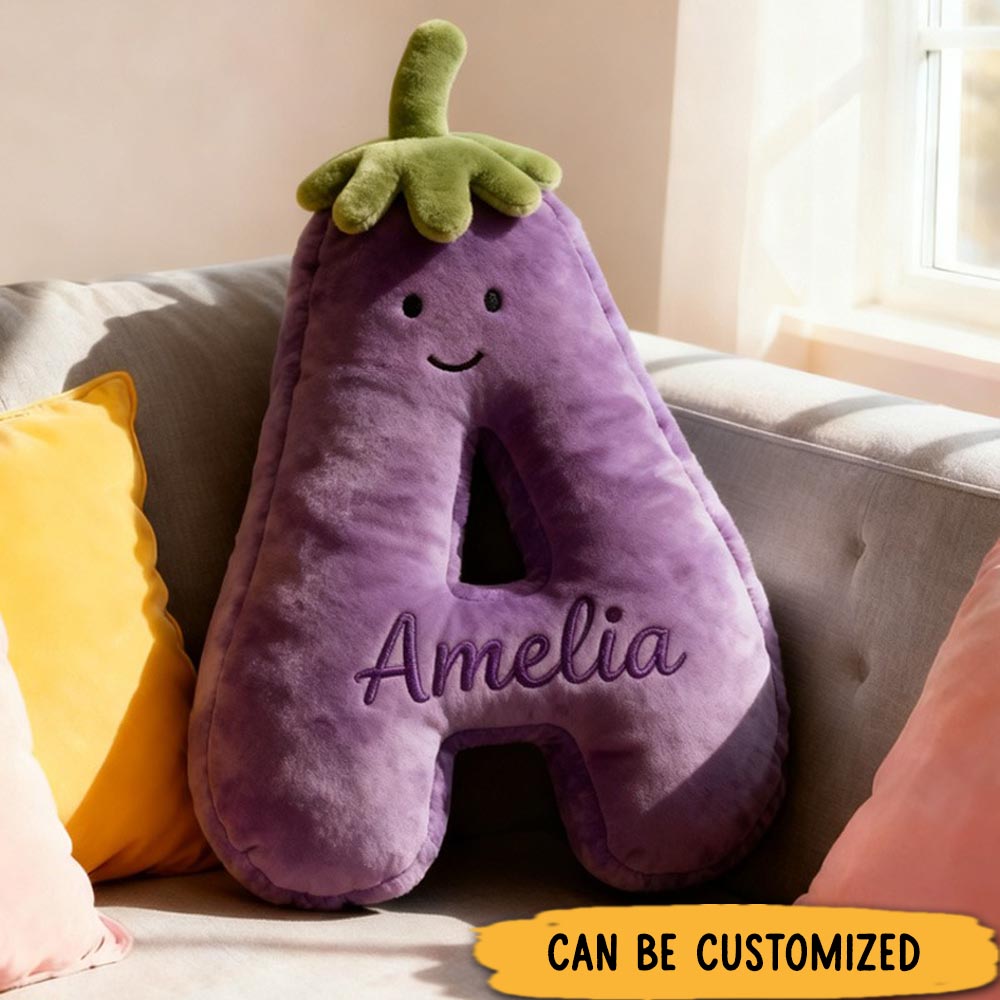 Personalized Eggplant Letter Name Custom Kids Gift Funny Purple Vegetable Soft Cute Decorative Graphic 3D Print Pillow Funny Gift for Kids Family
