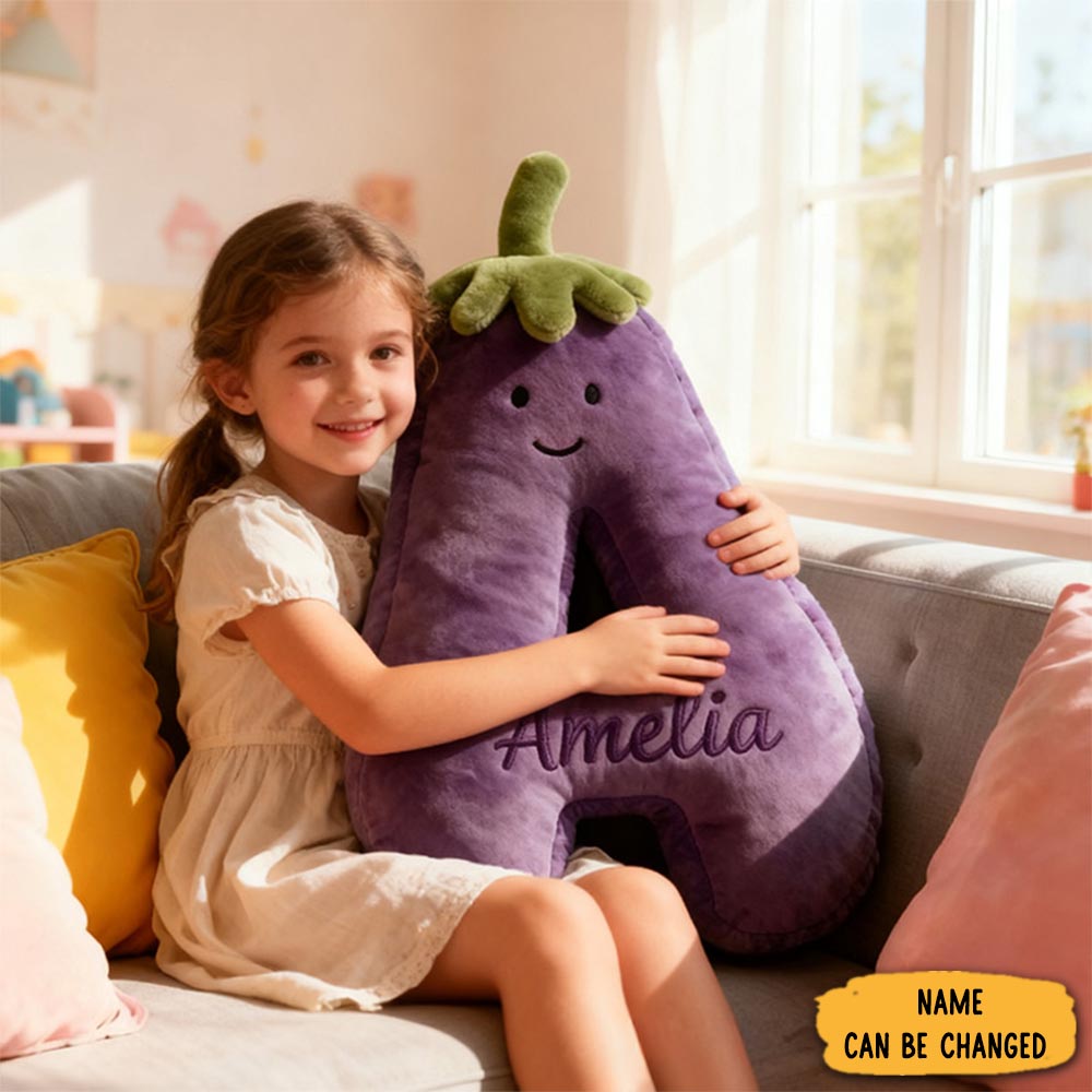 Personalized Eggplant Letter Name Custom Kids Gift Funny Purple Vegetable Soft Cute Decorative Graphic 3d Print Pillow Funny Gift For Kids Family