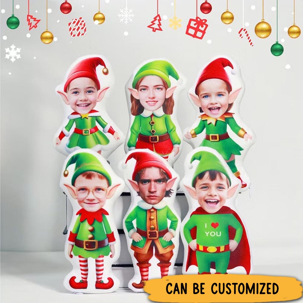 Personalized Elf Character Pillow with Custom Kids Faces and Festive Holiday Attire for Playful Christmas Decor Pillow With Custom Face Kids Home Decor