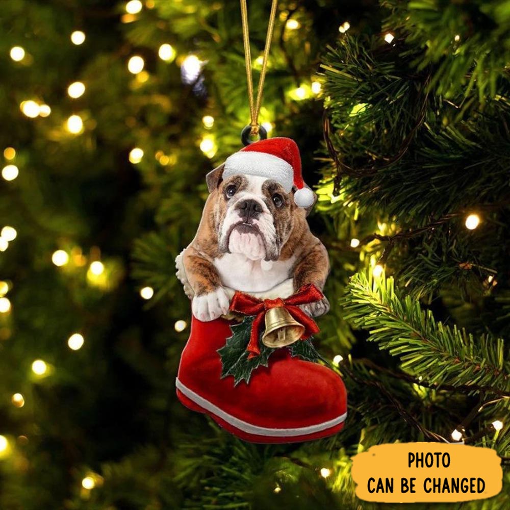 Personalized English Bulldog Brindle In Santa Boot Christmas Hanging Ornament Timeless Ornament For Holiday Memories