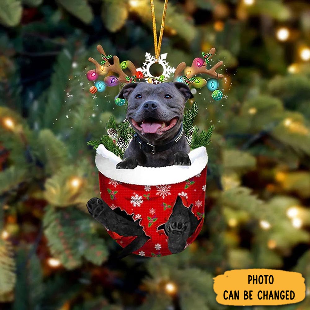 Personalized English Staffordshire Bull Terrier In Snow Pocket Christmas Ornament Perfect Christmas Ornament Gift
