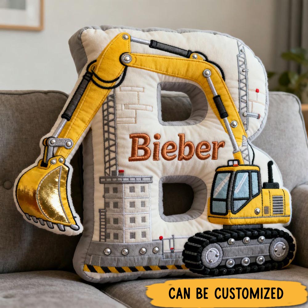 Personalized Excavator Theme Initial Name Graphic 3D Print Pillow Christmas Gift for Kids
