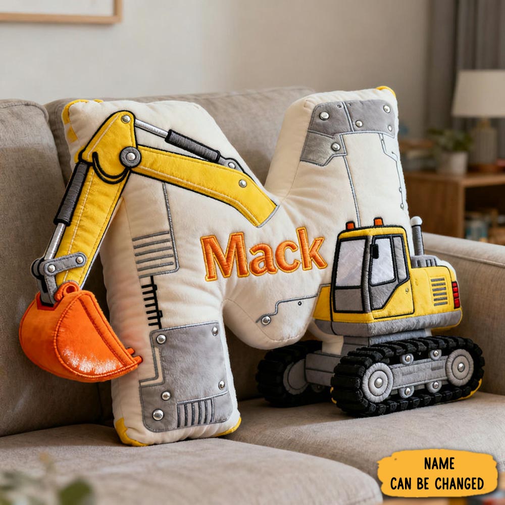 Personalized Excavator Theme Initial Name Graphic 3d Print Pillow Christmas Gift For Kids
