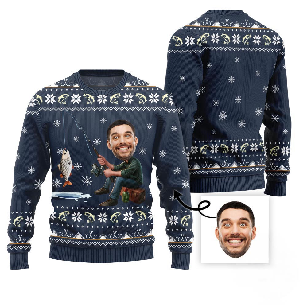 Personalized Face Fishing Ugly Holiday Sweater Holiday Sweaters For Men