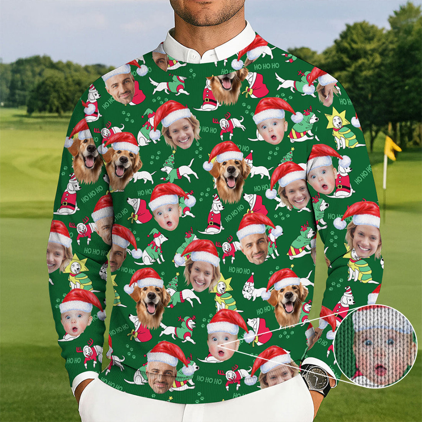 Personalized Face Ho Ho Ho Cute White Dog Golf Ugly Sweater Christmas Golf Sweater Xmas Gifts