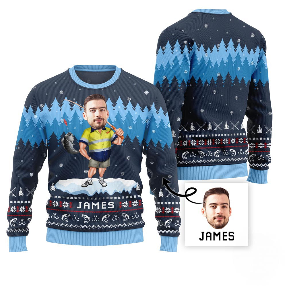 Personalized Face With Name Fishing Ugly Sweater Funny Holiday Sweater