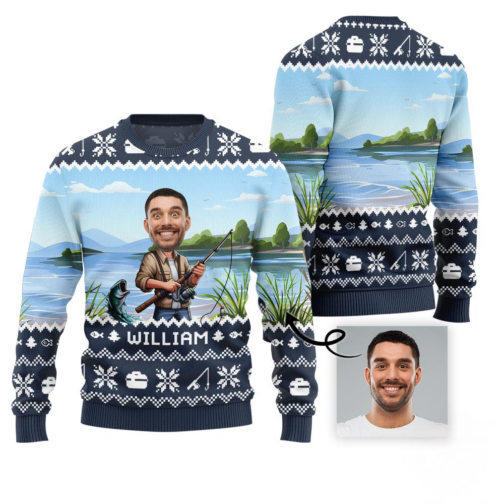 Personalized Face With Name Fishing Ugly Xmas Sweater Funny Holiday Sweater