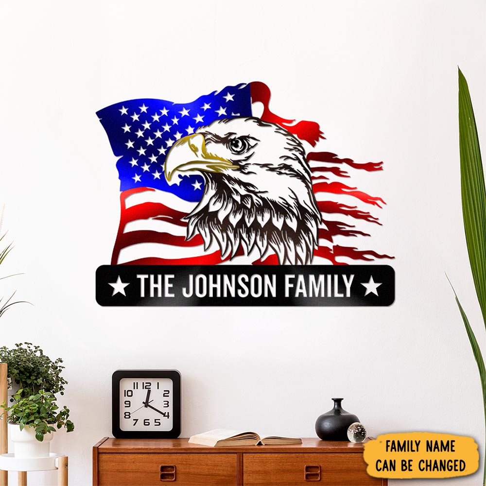 Personalized Family Eagle American Flag Monogram Metal Sign July 4Th Gift Ideas