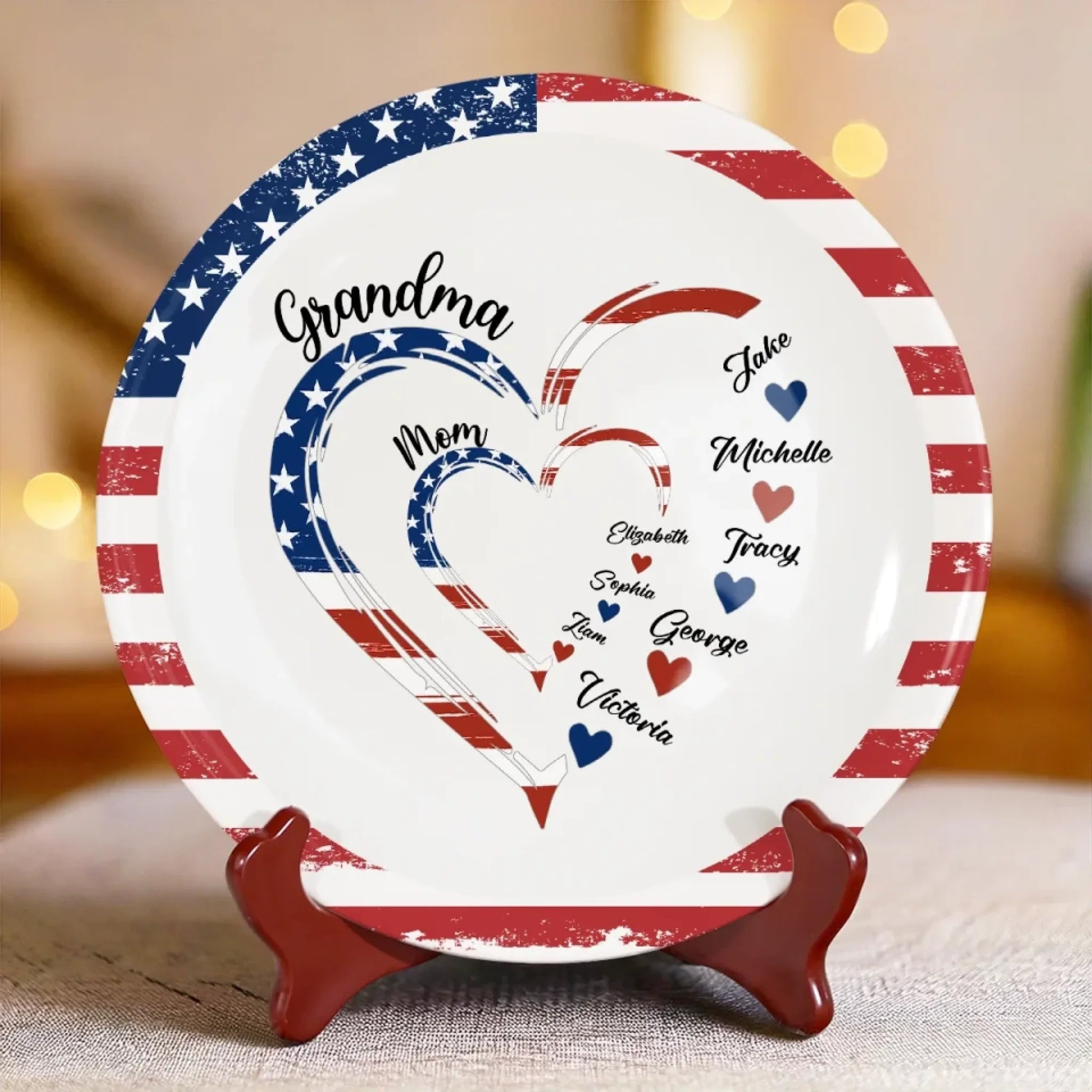 Personalized Family Hearts American Flag Ceramic Plate Christmas Merch Gift for Family