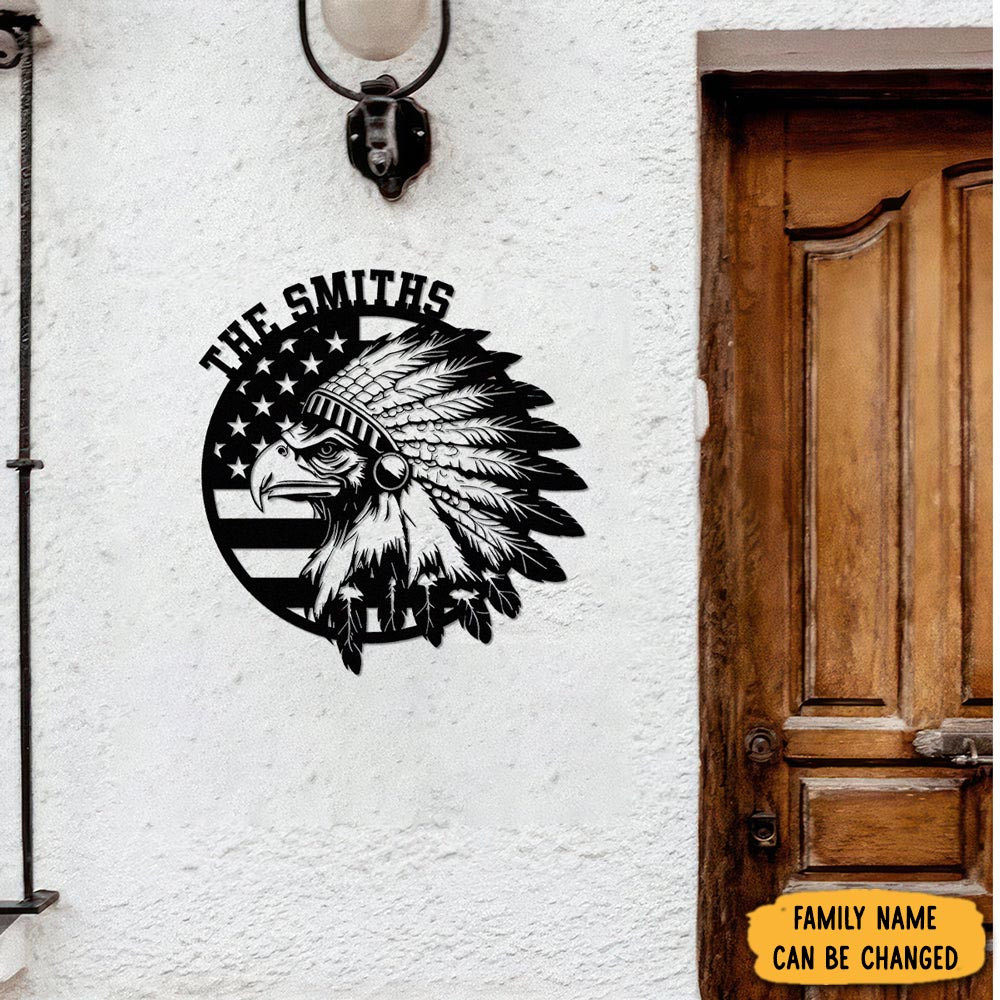 Personalized Family Patriotic Native Eagle Metal Sign House Decor Gift For Neighbor