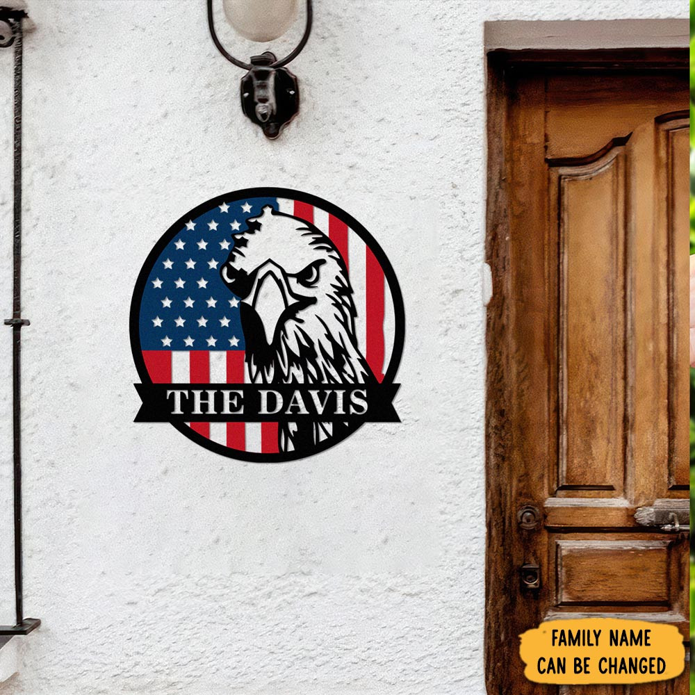 Personalized Family Us Flag With American Eagle Metal Sign Patriotic House Decorations