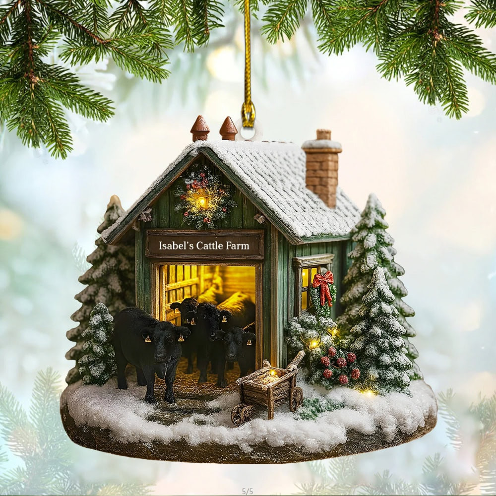 Personalized Farmhouse Christmas Barn And Cattle Custom Acrylic Ornament Gift For Farmers And Ranchers