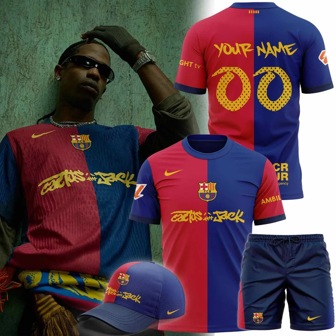 Personalized FC BARCELONA x TRAVIS SCOTT 24 25 Men's T-Shirt Good Idea Gifts For Soccer Fans