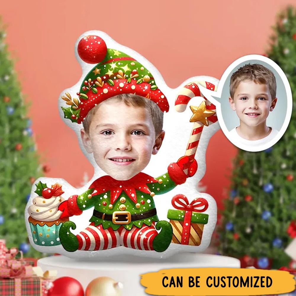 Personalized Festive Elf Pillows Joyful Holiday Cheer with Custom Photo and Colorful Elf Costume