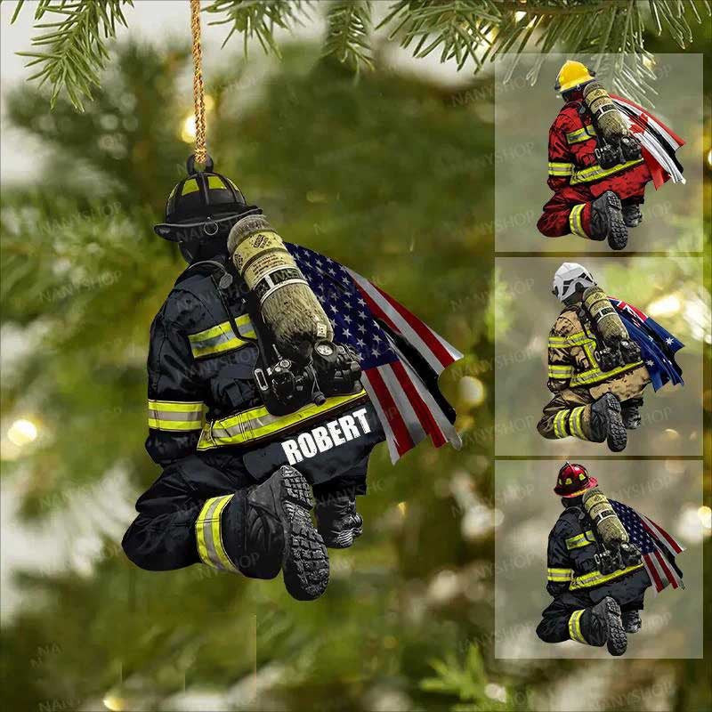 Personalized Firefighter and Fire Extinguisher Christmas Ornament for Fireman US Flag Firefighter Ornament