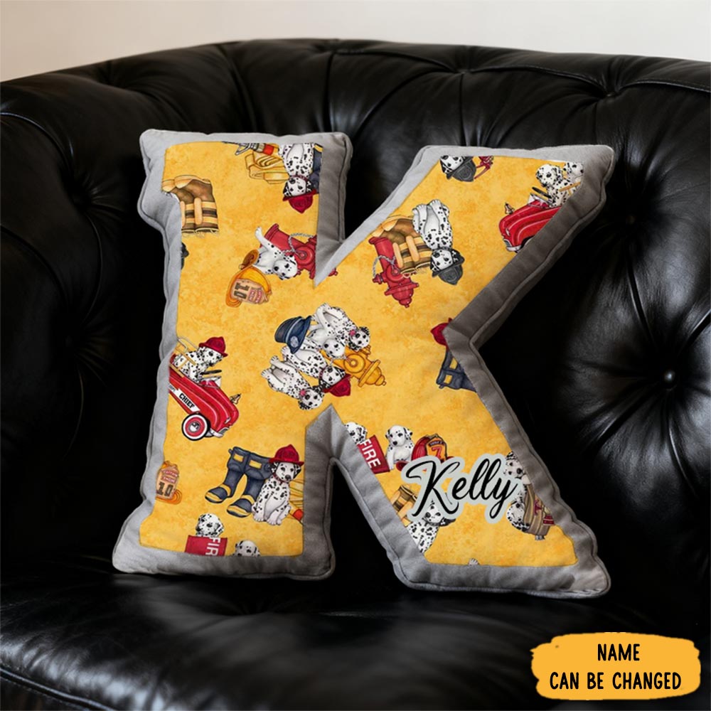 Personalized Firefighter Dalmatian Initial Pillow With Custom Name Gift For Kids And Fire Rescue Fans