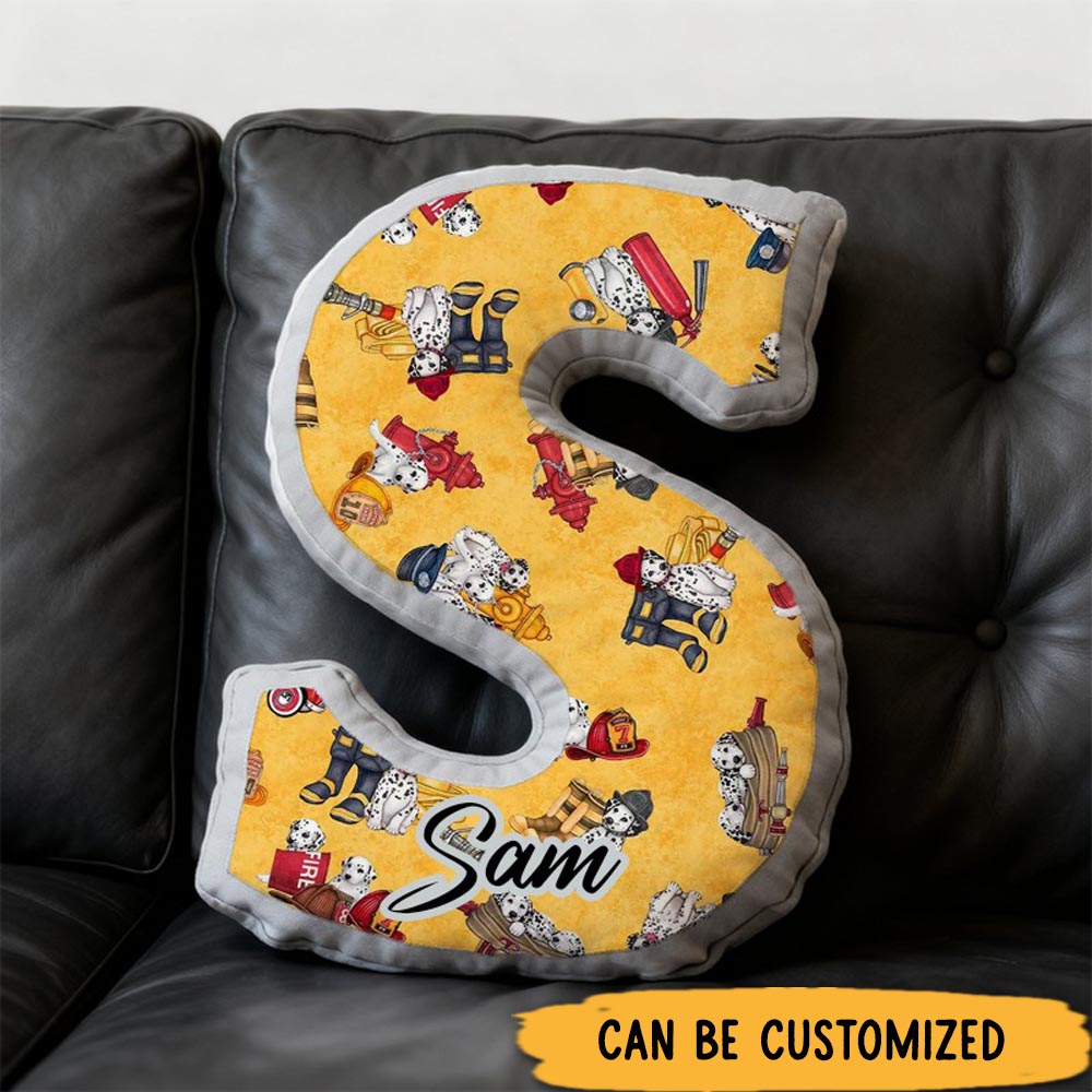 Personalized Firefighter Dalmatian Initial Pillow with Custom Name Gift for Kids and Fire Rescue Fans