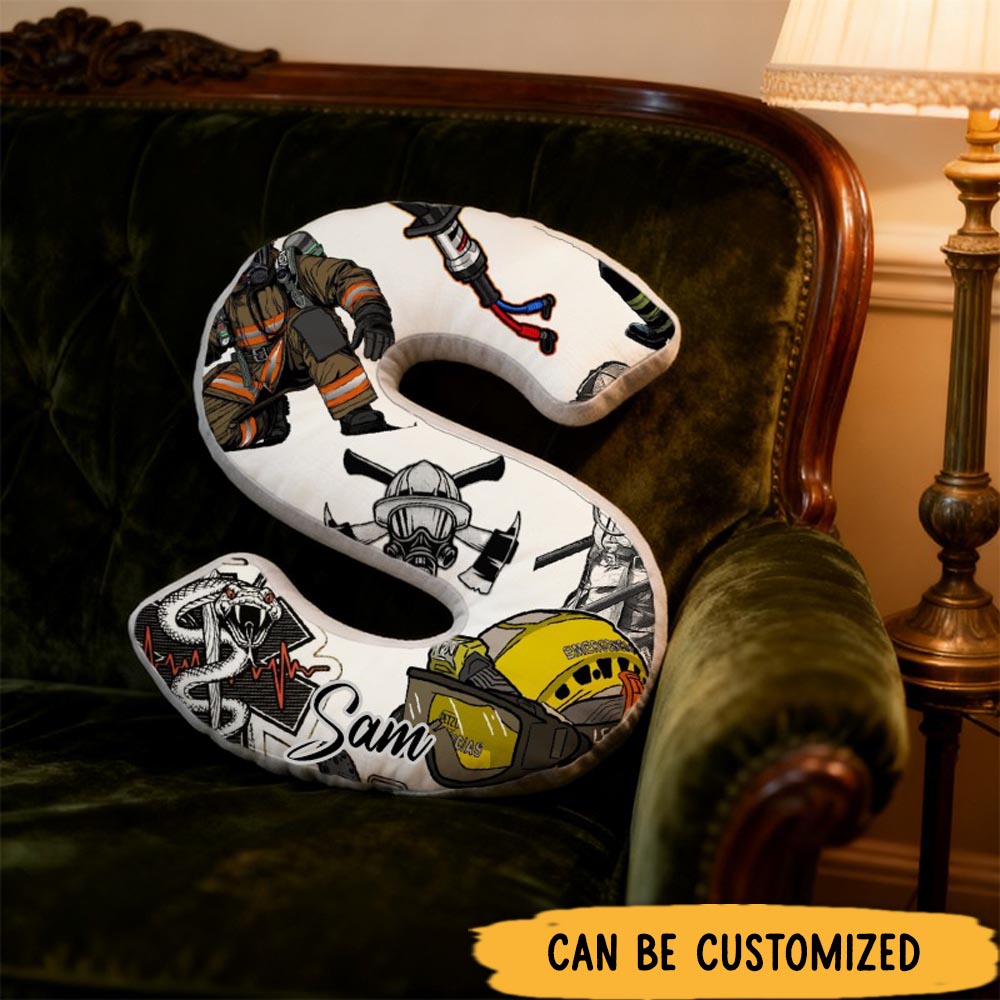 Personalized Firefighter Themed Initial Pillow with Custom Name Gift for Heroes and Fans