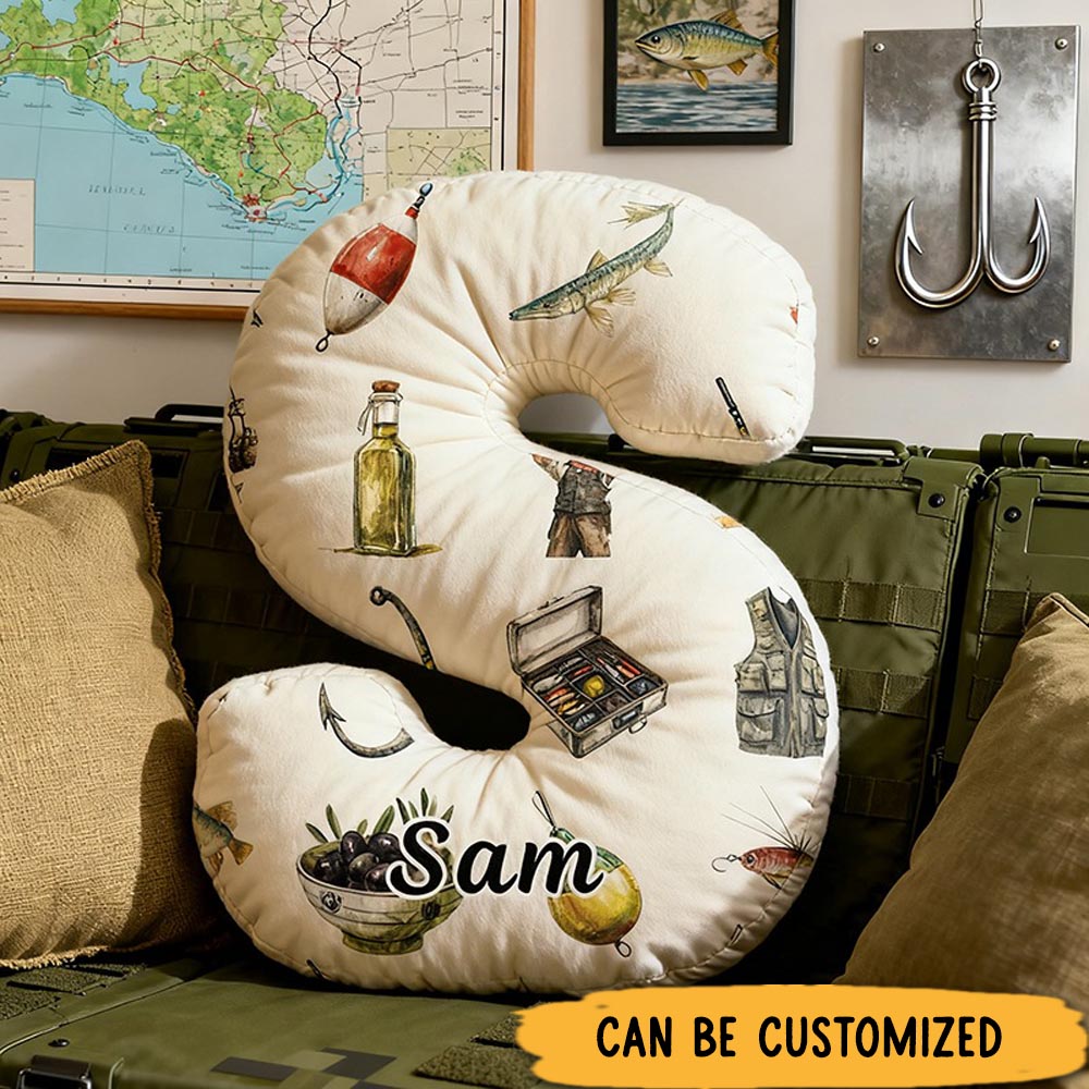 Personalized Fishing Letter Pillow Funny Fishing Pillow Custom Name Graphic 3D Print Perfect for Fishing Enthusiasts Young Angler and Cozy Home Decor