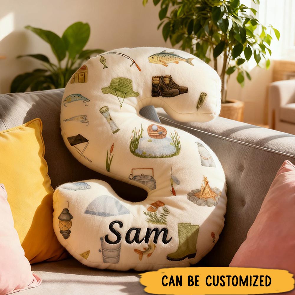 Personalized Fishing Letter Pillow Funny Letter Pillow Custom Name Graphic 3D Print Ideal Gift for Anglers and Home Decor