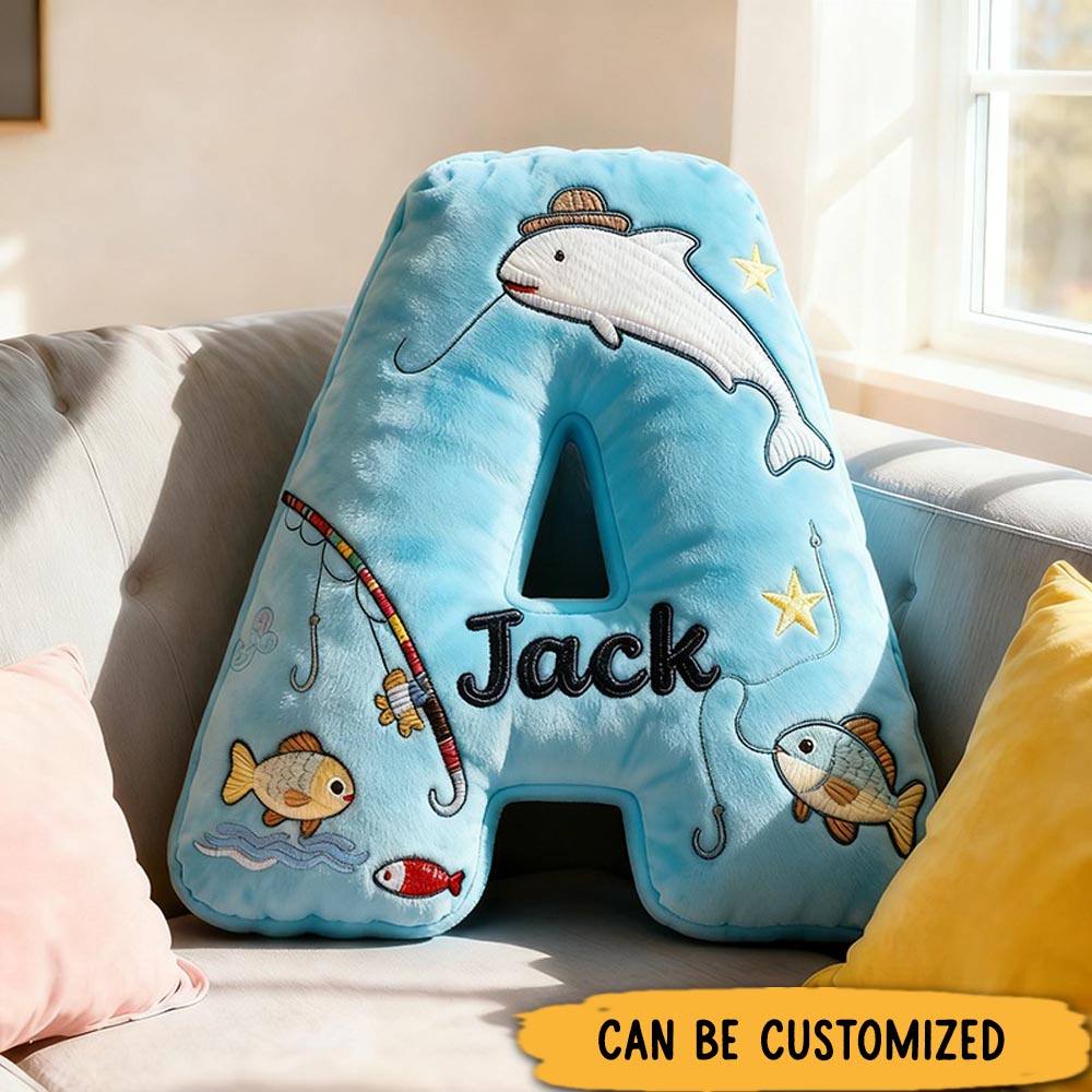Personalized Fishing Letter Pillow Funny Letter Pillow Custom Name Pillow Graphic 3D Print Comfortable Travel Cushion for Anglers