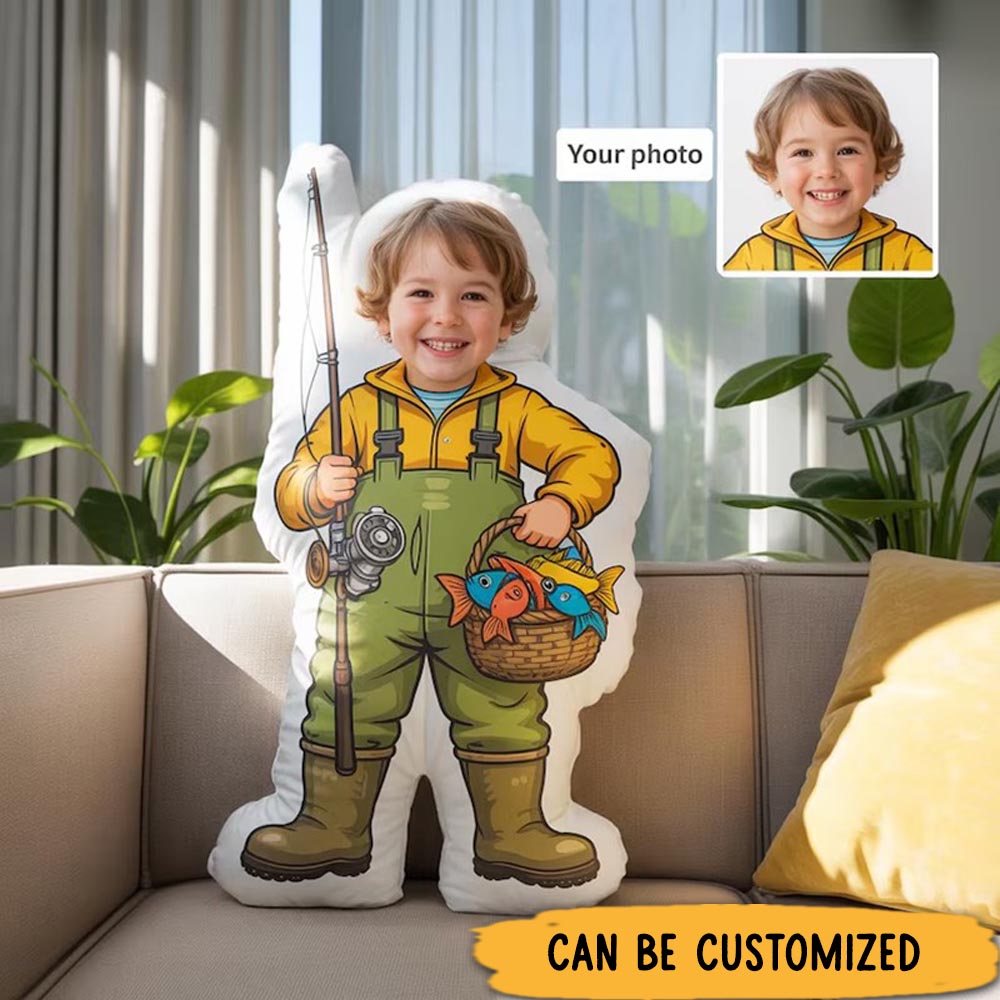 Personalized Fishing Pillow Fishing Face Pillow Graphic 3D Print Fisherman Cushion with Rod and Fish Basket Custom Photo Unique Gift for Fishing Lovers Funny and Comfortable Home Decor