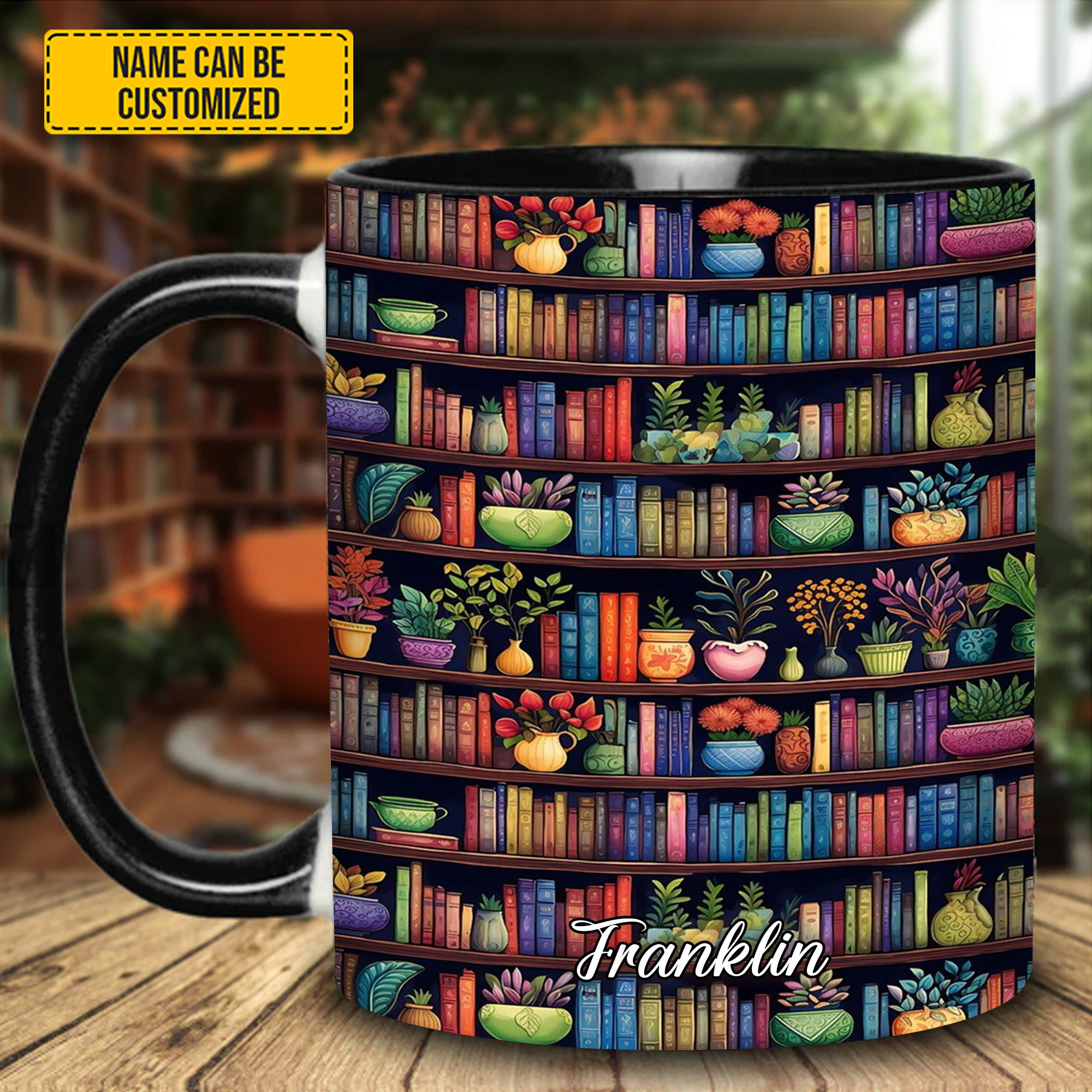Personalized Floral Bookshelf Mug Colorful Bookshelf Design Morning Coffee Mug Bookish Gifts