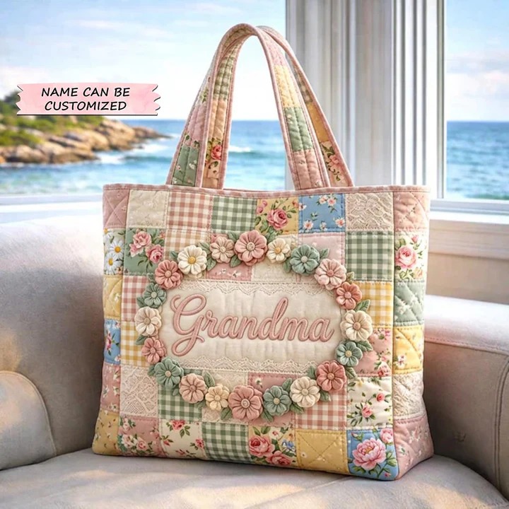 Personalized Floral Wreath Pastel Quilted Tote Bag Personalized Custom Lover Mother Day's Gift Ideas