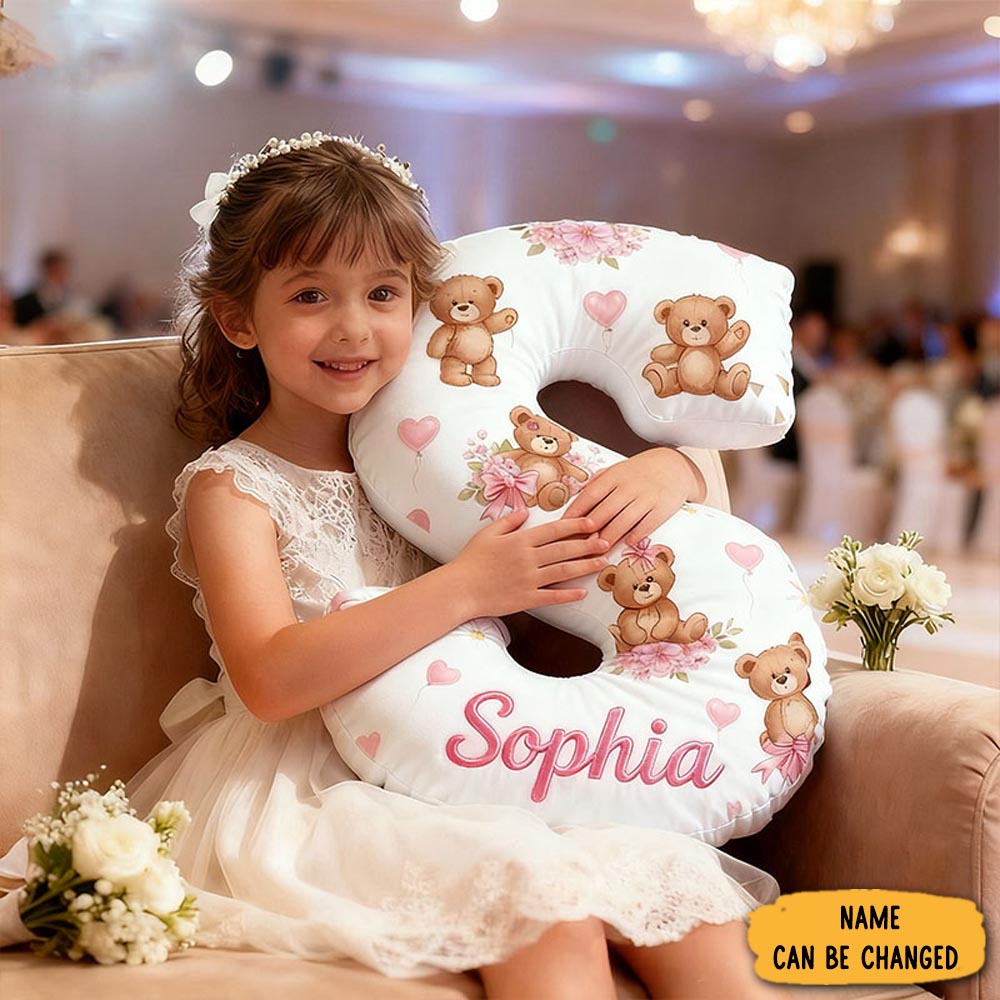 Personalized Flower Girl Floral Bear Pink Heart Letter Pillow Custom Couple Name Cushion Wedding Gift For Girl Christmas Gift For Girlfriend Wife