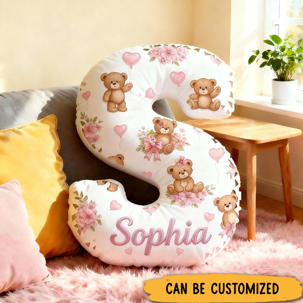 Personalized Flower Girl Floral Bear Pink Heart Letter Pillow Custom Couple Name Cushion Wedding Gift for Girl Christmas Gift for Girlfriend Wife